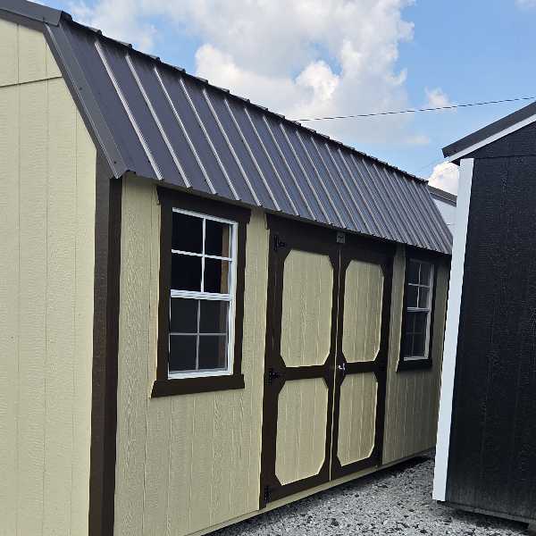 10x16 Side lofted barn beige -brown trim