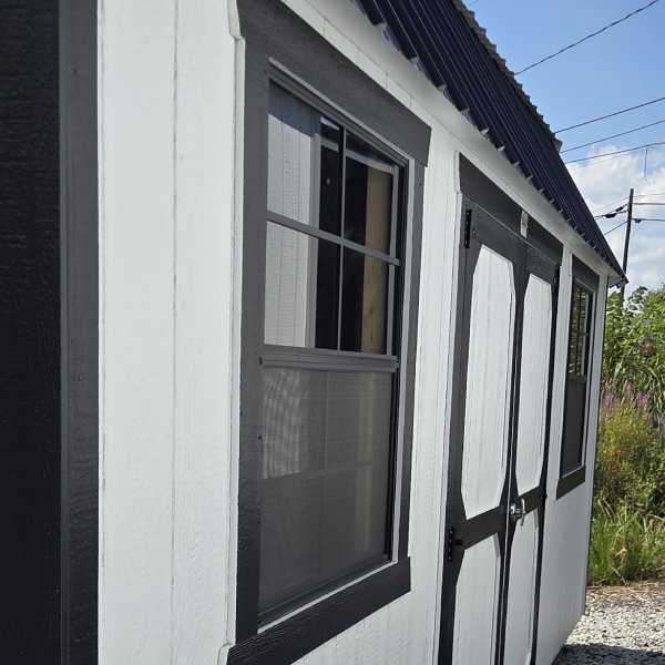10×20 Side Lofted barn white w black trim and roof 10x20 Side Lofted barn